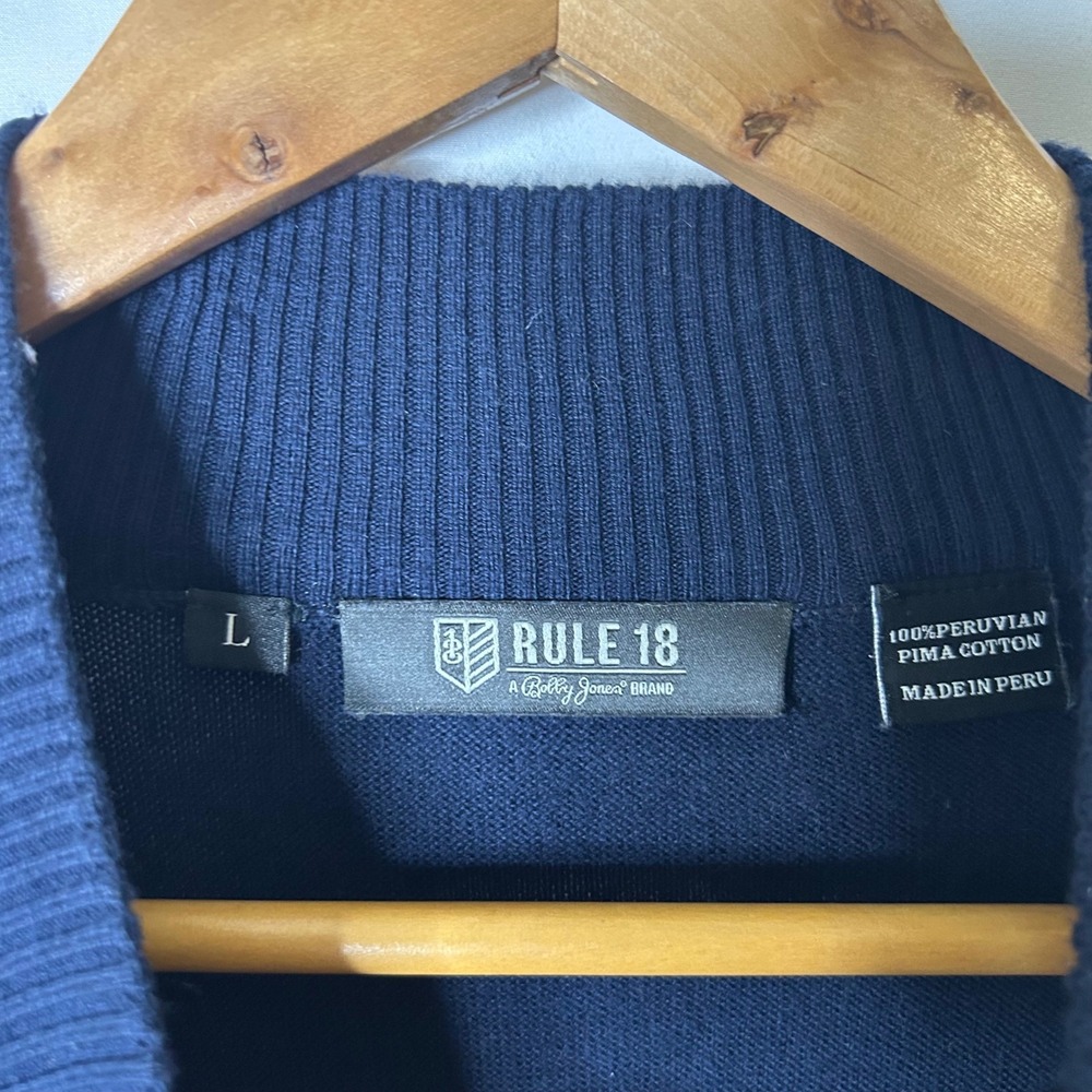 RULE 18 Bobby Jones Sweater Mens L Navy Yellow Stripe 1/4 Zip Pima Cotton - Picture 6 of 8